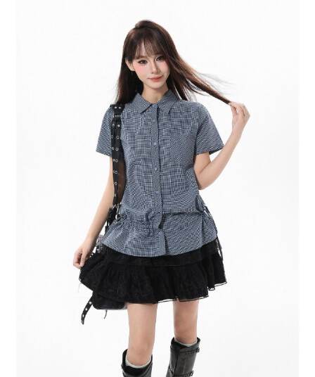 원본 체크무늬 원단 파란색 체크무늬 긍정적 인 어깨 반팔 여성 셔츠 아메리칸 레트로 POLO 칼라 맨위