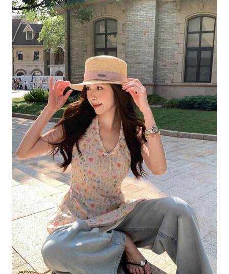 원본 자수 원단 자수 꽃무늬 V넥 행침 목 캐미솔 여름 허리 수축 민소매 맨위