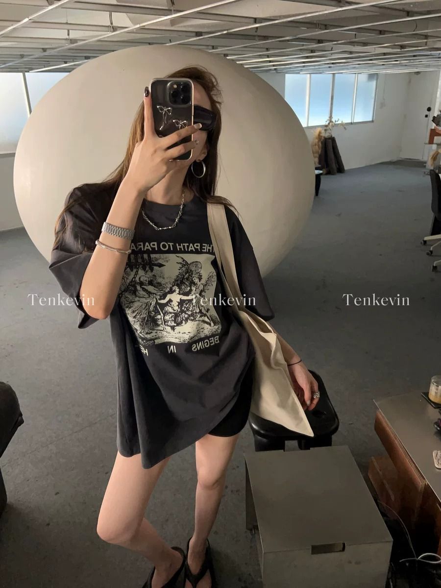 230 크 워싱 마 오래된 순면 반팔 티셔츠 여성 루즈핏 대 에디션