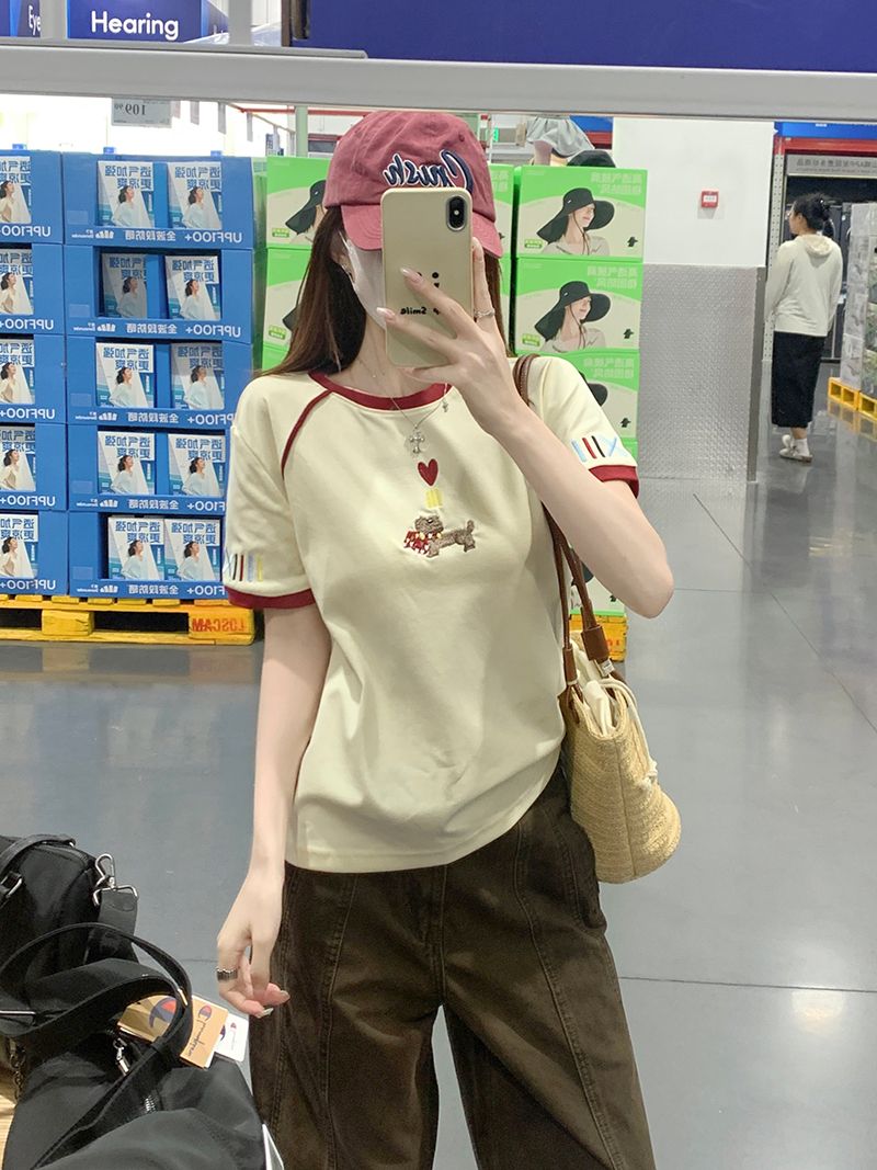 220 그램 물 부드러운 면 양면 반팔 티셔츠 여름 한 부서 새로운 배색 자수 라운드 넥 맨위 여성 의류