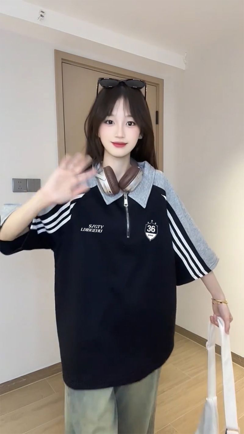 250그램 조수 브랜드 양면 반팔 티셔츠 여성 여름 새로운 한 부서 삽입 어깨 소매 스트라이프 POLO 칼라 맨위