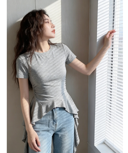 210 그램 순면 리브 92 면 8 암모니아 Lun 불규칙 프릴 반팔 티셔츠 여성 여름 디자인 센스 맨위