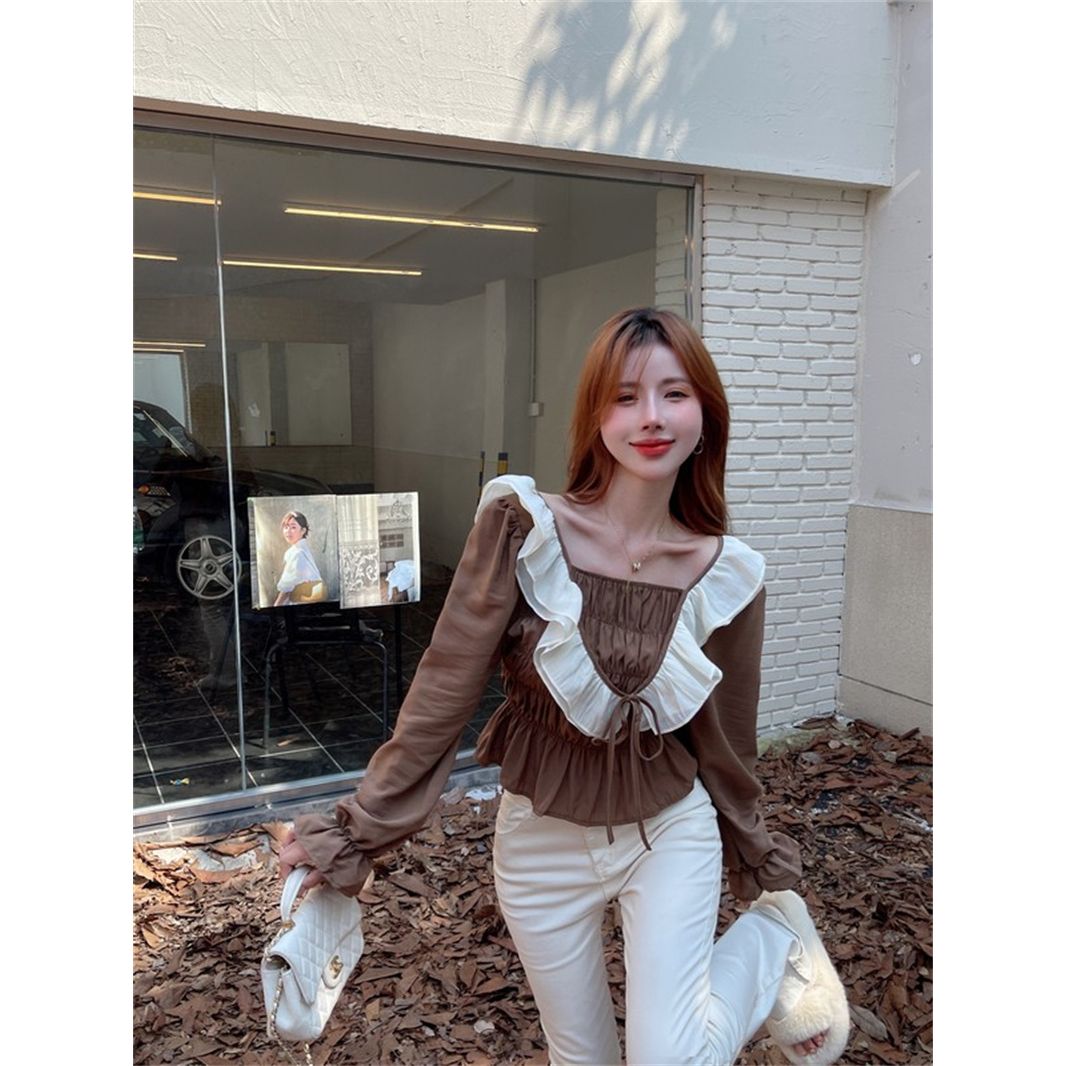 여성 의류 프랑스식 프릴 패치워크 긴팔 여성 셔츠 계절 표지 배 슬림해 보이는 작은 셔츠 맨위 서비스