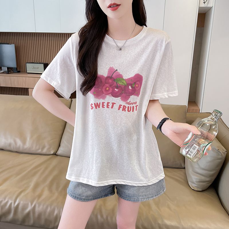 눈꽃 면 티셔츠 여성 라운드 넥 반팔 여름 새로운 한국 스타일 프린트 빅 사이즈 루즈핏 ins 맨위 서비스