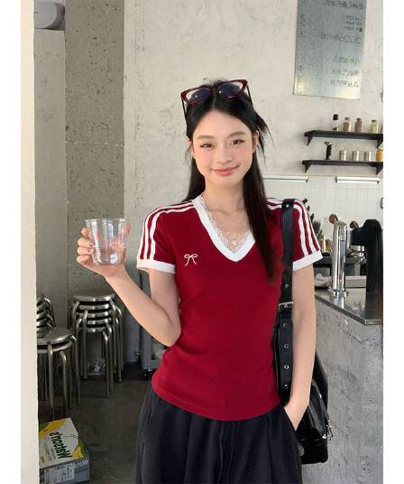 순면 리브 반팔 티셔츠 여성 여름 새로운 나비 매듭 레이스 배색 V넥 몸매 가꾸기 맨위