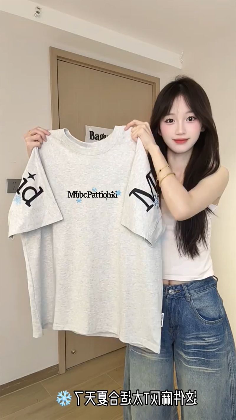 220 그램 순면 반팔 티셔츠 여성 의류 여름 새로운 중간 길이 루즈핏 긍정적 인 어깨 가시 자수 라운드 넥 맨위