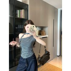 短袖t恤夏2026潮新款美式条纹系带露肩短款修身斜领上衣女装