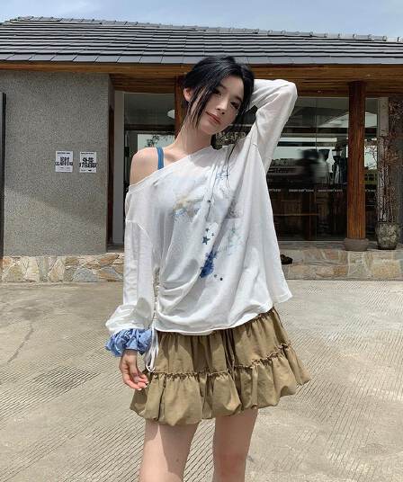 원본 것 디자인 센스 프린트 긴팔 자외선 차단 블라우스 소나무 비스듬한 어깨 의류