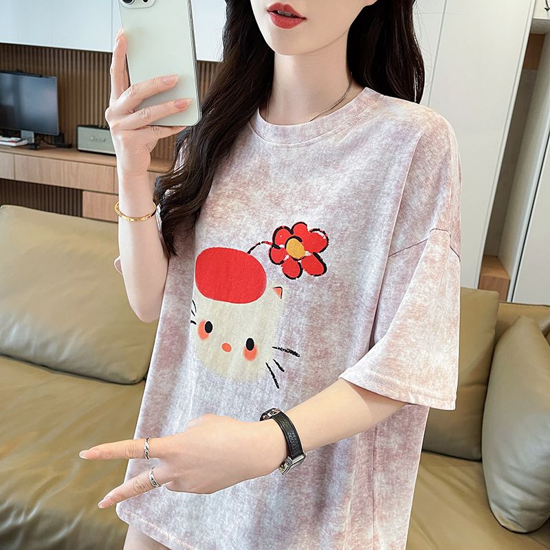 눈꽃 면 침투 홀치기 염색 티셔츠 여성용 짧은 소매 여름 새로운 패션 루즈핏 대 에디션 맨위 서비스 ins