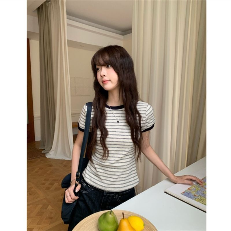 원본 순면 한 부서 스트라이프 라운드 넥 V넥 반팔 티셔츠 핫걸 몸매 가꾸기 슬림해 보이는 맨위