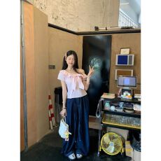 批发甜美风粉色条纹蝴蝶结小众衬衫女装夏季大码减龄显瘦新款上衣