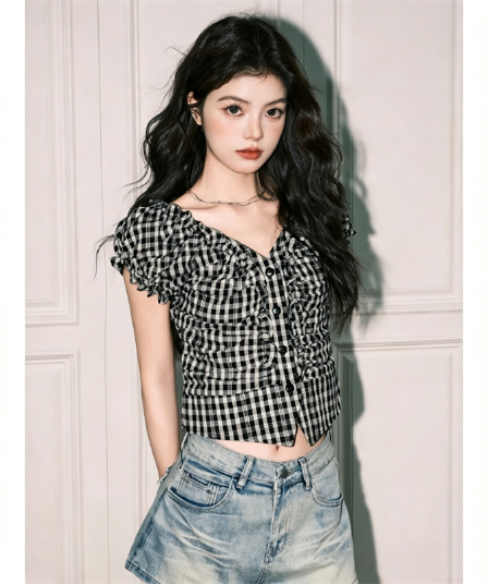 원본 셔틀 직물 체크무늬 V넥 반팔 여성 셔츠 여름 몸매 가꾸기 슬림해 보이는 쇼트 스타일 불규칙 맨위