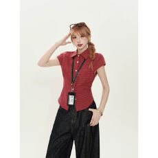 批发【原版质量】美式复古红色<b class='q'>格子</b>翻领收腰显瘦短袖衬衫
