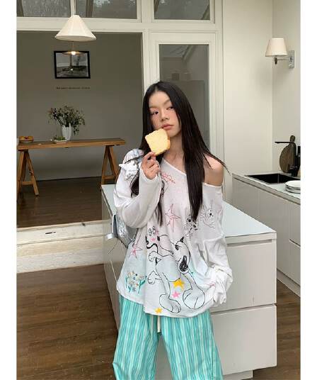 원본 것 얇은 스타일 긴팔 티셔츠 여성 초기 가을 루즈핏 자외선 차단 블라우스 맨위