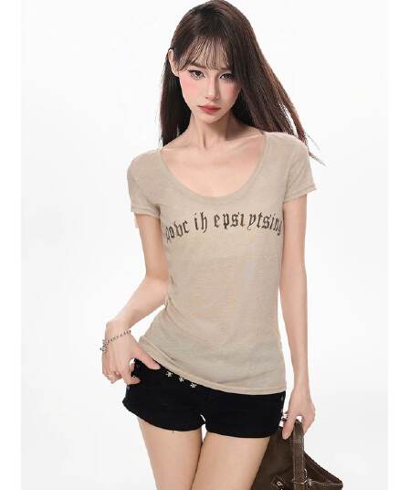 원본 품질 u 칼라 반팔 티셔츠 여성 여름 대 네클라인 몸매 가꾸기 꼬집기 허리 위로 의류