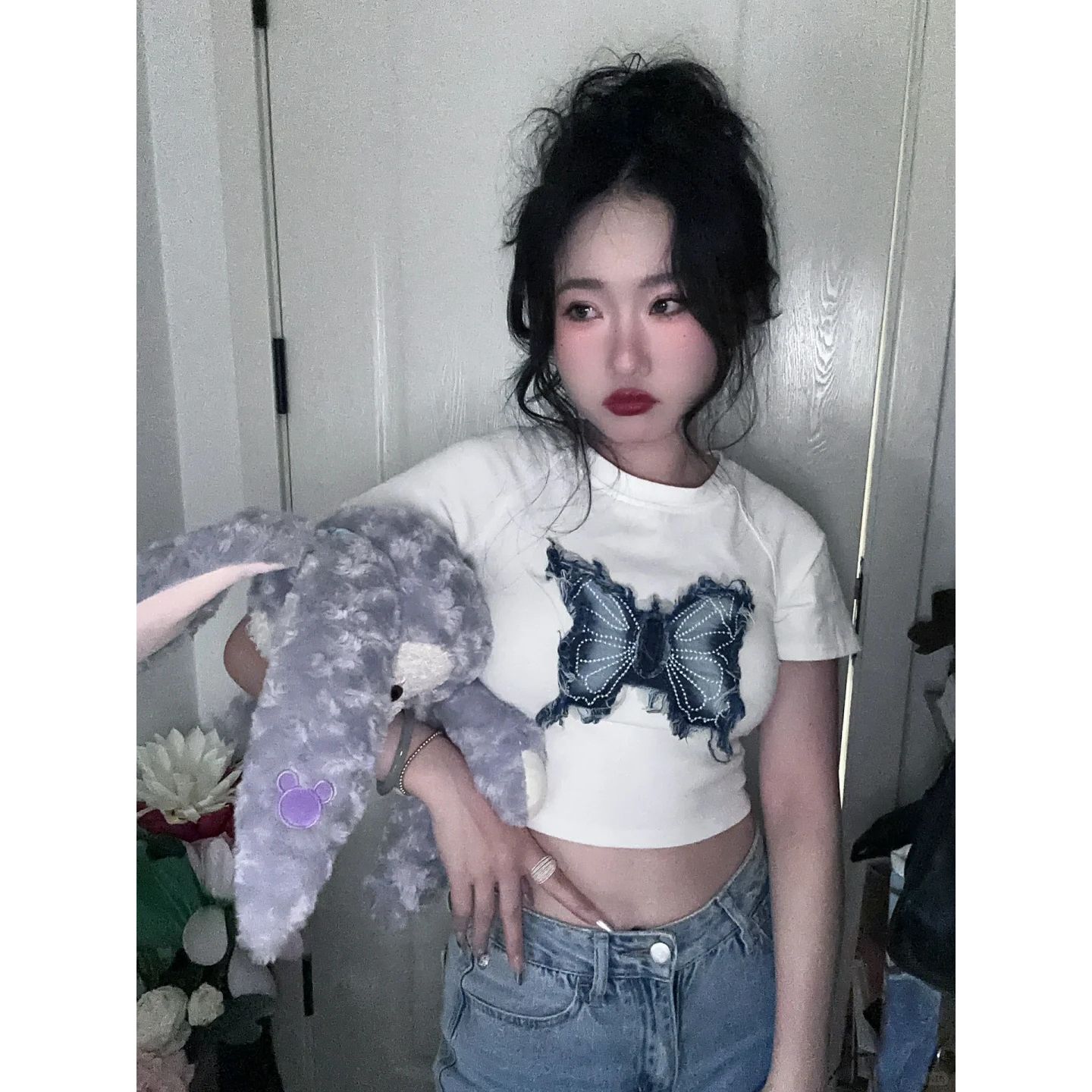 원본 품질 나비 티셔츠 여성 홍콩 느낌 반팔 달콤함 매운맛 쇼트 스타일 맨위