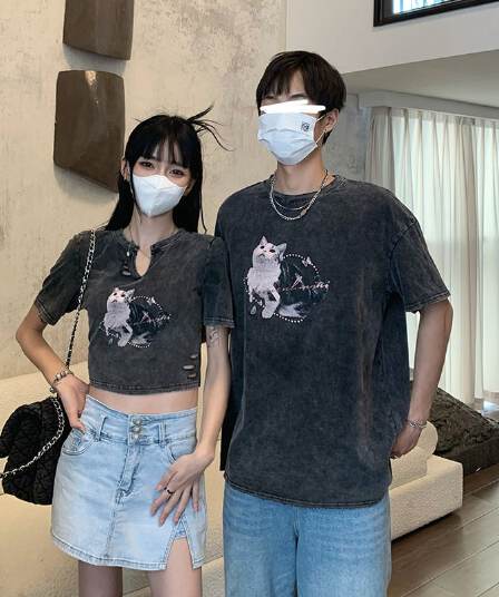 원본 품질 레트로 스타일 찢어진 부분 반팔 티셔츠 여성 여름 2023 커플룩