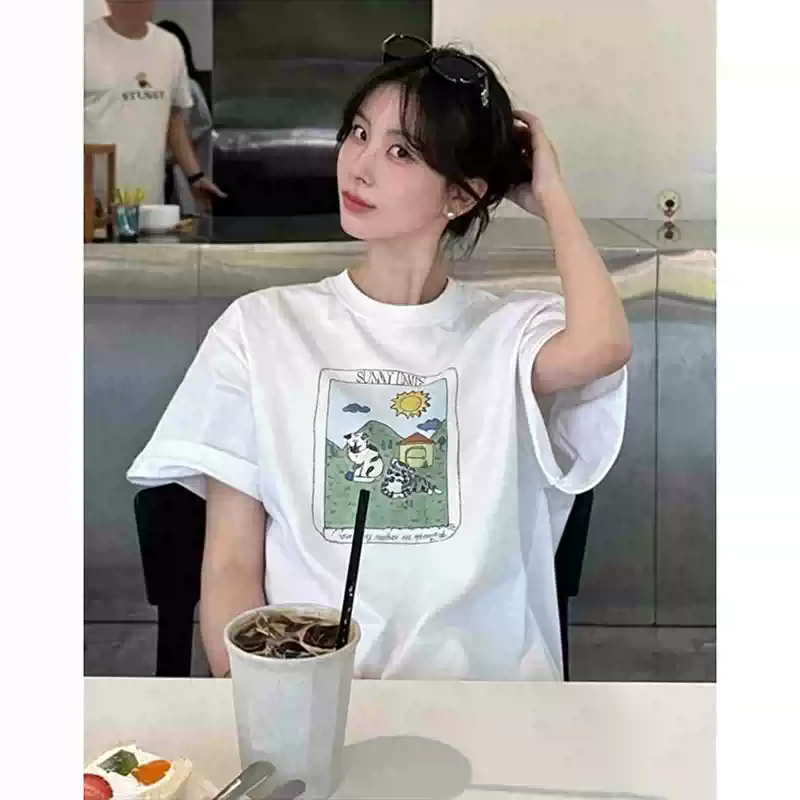 21 순면 210 그램 면 여름 드레스 반팔 티셔츠 여성 한국 스타일 빅 사이즈 루즈핏