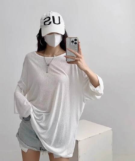대나무 마디 리브 블라우스 긴팔 티셔츠 느긋한 바람 마이크로 ~을 통해 백리스 자외선 차단