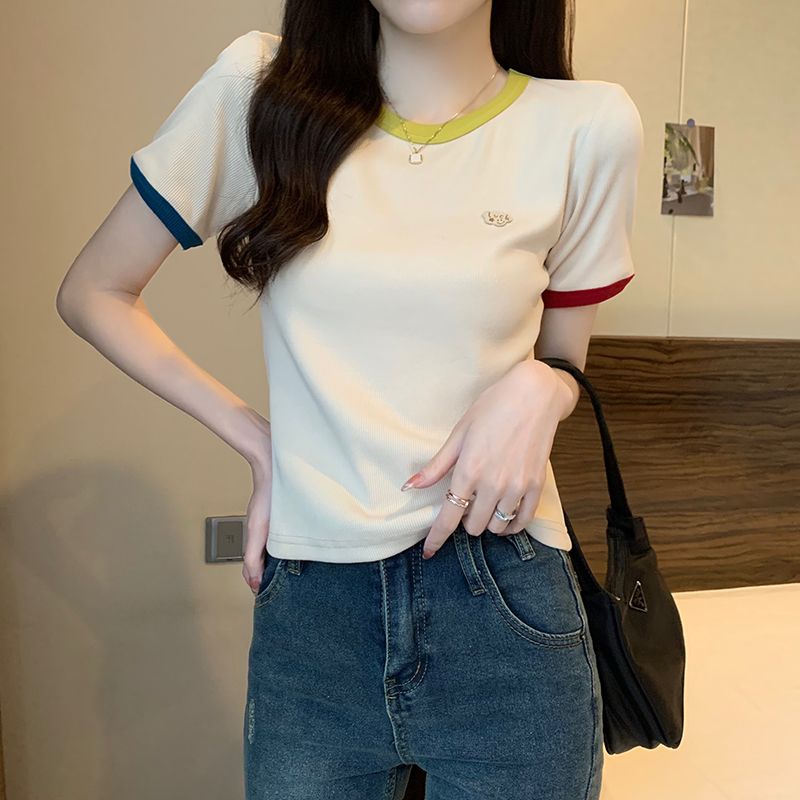 2 2 리브 반팔 티셔츠 여성 여름 2026 가시 자수 단색 배색 쇼트 스타일 라운드 넥 맨위 빅 사이즈 여성 의류