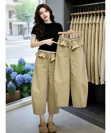 카키 색 프릴 허리 머리 8 점 바지 여성 여름 밴딩 모통이 칼 바지 디자인 센스