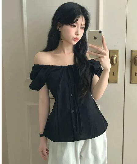 한국 여름 프랑스식 달콤함 작은 키 여성 셔츠 다용도 허리 수축 슬림해 보이는 버블 반팔 맨위