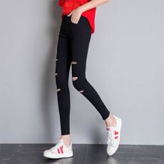 批发毛边<b class='q'>破洞</b>学生女九分裤子 <b class='q'>打底裤</b>黑色小脚女裤子