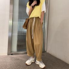 批发卡其色工装裤女夏梨形身材薄款松紧腰阔腿裤子九分休闲萝卜<b class='q'>哈伦裤</b>