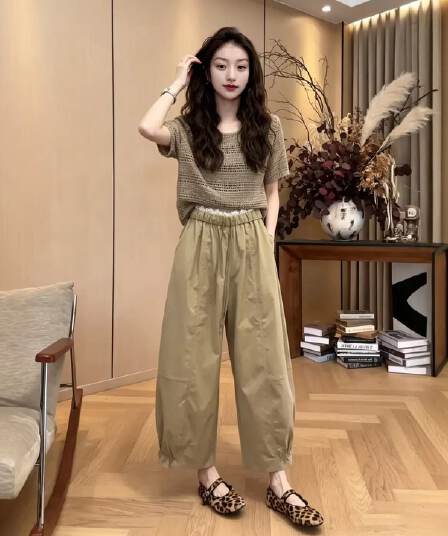 한 부서 레이스 허리 측면 9 포인트 캐주얼 바지 2026 여름 허리밴드 바지