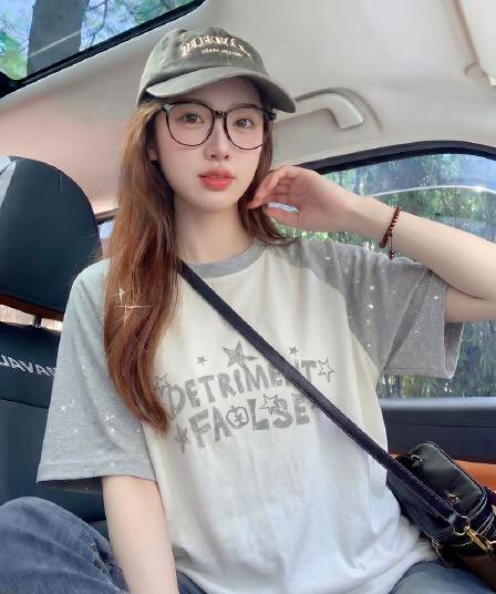 더블 실 순면 반팔 티셔츠 여성 의류 여름 루즈핏 디자인 센스 삽입 어깨 소매 별 라운드 넥 맨위