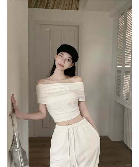원본 품질 오프숄더 티셔츠 여성 여름 순수한 욕망 바람 몸매 가꾸기 쇼트 스타일 맨위