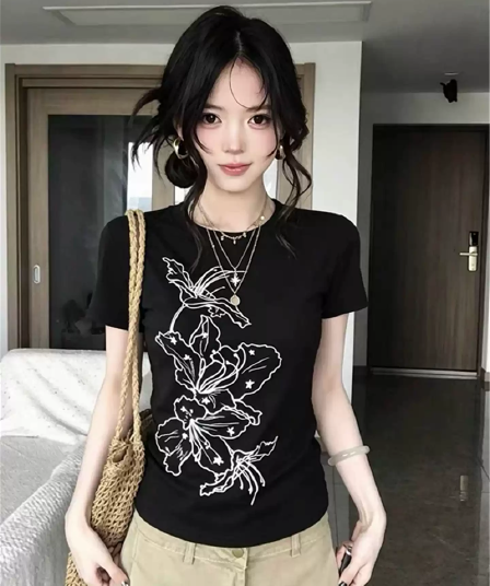 순면 40 220 그램 92 면 8 암모니아 Lun 긍정적 인 어깨 반팔 티셔츠 여성 프린트