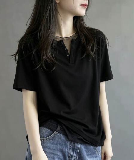 230 톰 글 래 면 리브 45 라이 경기 서울 45 면 10 암모니아 Lun 망사 패치워크 V넥 반팔 티셔츠 여성 여름 맨위