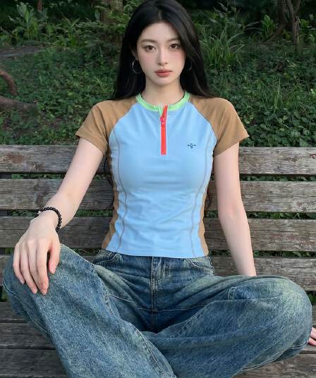 반팔 티셔츠 여성 의류 여름 새로운 디자인 센스 슬림해 보이는 지퍼 배색 삽입 어깨 소매 라운드 넥 맨위