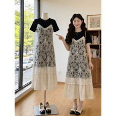 批发黑色假两件蕾丝拼接<b class='q'>连衣裙</b>女2026新款夏季<b class='q'>大码</b>胖mm法式巨好看裙子