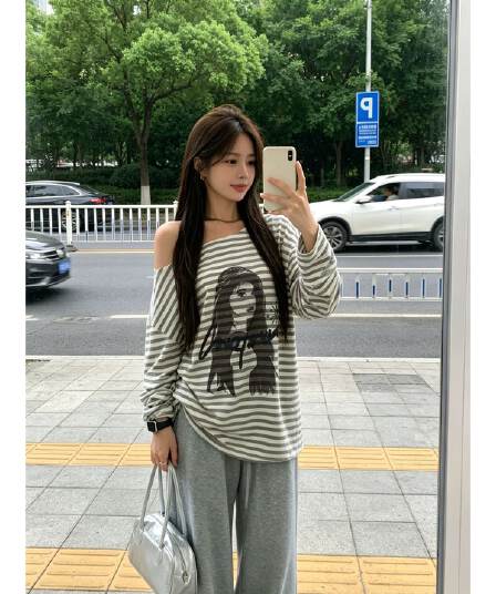 원본 품질 거리 캐주얼 바람 비스듬한 어깨 루즈핏 스트라이프 긴팔 티셔츠