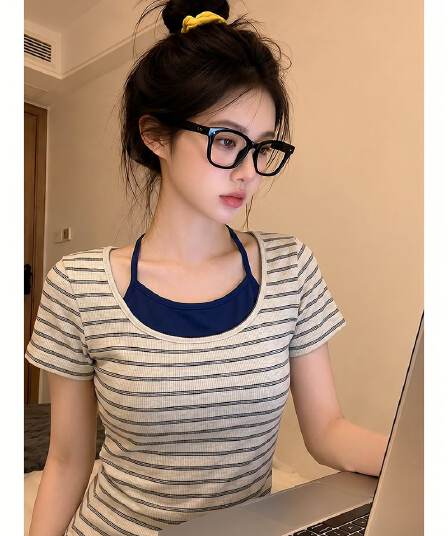 반팔 티셔츠 여성 의류 여름 새로운 행침 목 슬립 한 부서 스트라이프 쇼트 스타일 몸매 가꾸기 슬림해 보이는 u 칼라 맨위