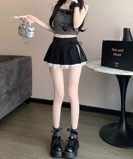 회색 레이스 측면 플리츠 반신 스커트 여성 봄 가을 새로운 작은 키 하이웨이스트 슬림해 보이는 한 마디 퍼프 미니 스커트