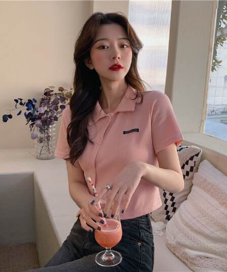 한 부서 착용 가져 가라. 긍정적 인 어깨 티셔츠 여성 여름 지방 mm 반팔 디자인 센스 작은 대중 POLO 셔츠 쇼트 스타일 표지 배