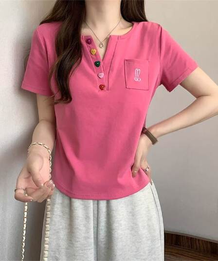 원본 원단 빅 사이즈 지방 mm 반팔 티셔츠 여성 주머니 자수 POLO 셔츠 곡선 밑단
