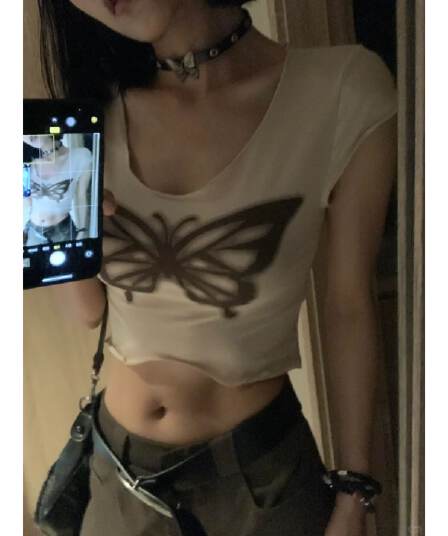 원본 품질 핫걸 레트로 나비 프린트 반팔 티셔츠 여성 여름