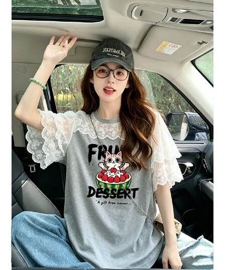 순면 220 그램 반팔 티셔츠 여성 의류 여름 루즈핏 한 부서 달콤함 레이스 조각 라운드 넥 맨위
