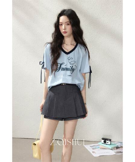 반팔 티셔츠 여성 의류 여름 새로운 루즈핏 한 부서 나비 매듭 스트랩 프린트 배색 V넥 맨위
