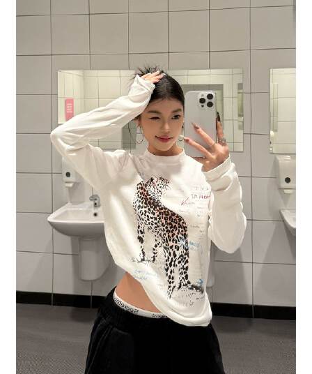 원본 품질 아메리칸 레트로 어린애 같은 표범 프린트 화이트 긴팔 티셔츠