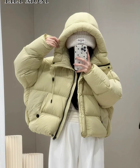 후드 다운 재킷 여성 짧은 루즈핏 26 새로운 겨울 의류 가벼움 화이트 덕 다운 빵 외투