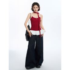 批发红色挂脖波点吊带背心女<b class='q'>夏季</b>无袖外穿内搭打底辣妹芭蕾风上衣