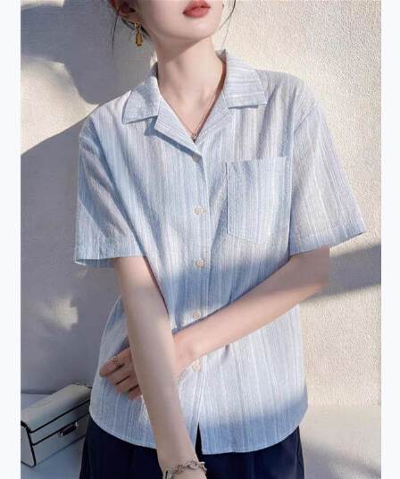 항구 바람 쿠바 칼라 파란색 스트라이프 반팔 여성 셔츠 루즈핏 슬림해 보이는 느긋한 바람 여름 레트로 디자인 센스 맨위