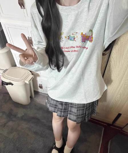 21 순면 210 그램 100 면 가을 의상 긴팔 티셔츠 여성 루즈핏 맨위 프린트