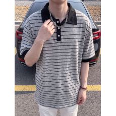 批发短袖t恤男女情侣装夏新款宽松小香风美式条纹POLO领上衣
