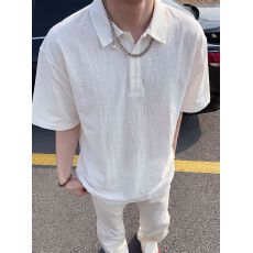 批发短袖t恤男女情侣装夏新款宽松老钱风纯色POLO领韩版上衣